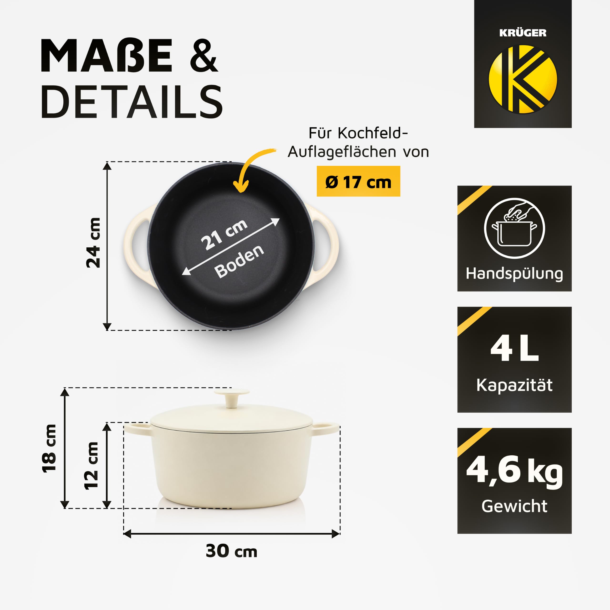 Krüger Gusseisen Schmortopf Savanna Ø 24 cm 4 L | Brotbacktopf creme matt | Massiver Vollguss-Eisen 4,6 kg | Ofenfest bis 240 °C | Brotbacken & Schmoren | Alle Herdarten inkl. Induktion | PFAS-frei