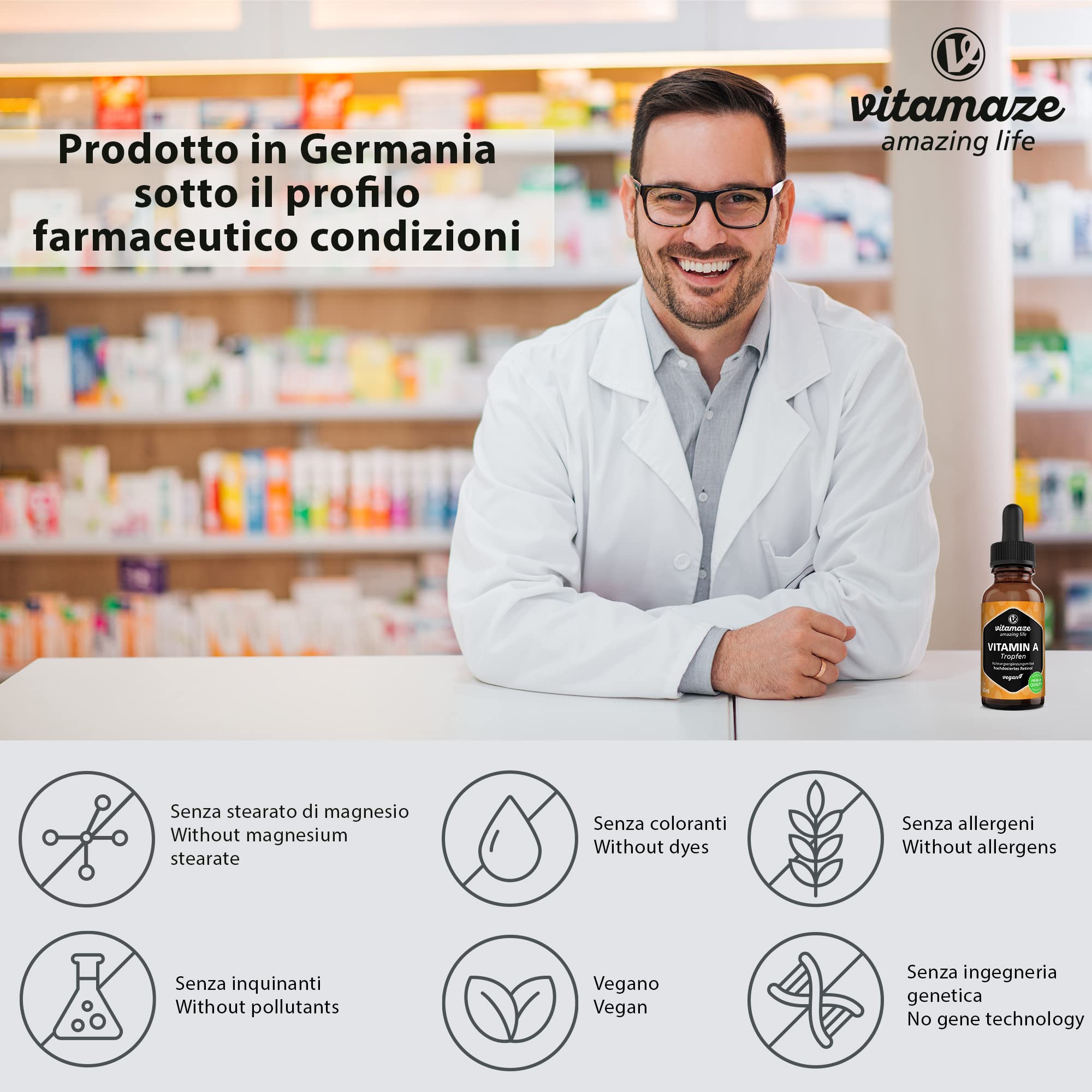 Vitamina A Gocce 5000 UI ad Alto Dosaggio per Dose Giornaliera, Retinolo Vegano & Liquido, 50 ml (1700 Gocce), Alta Biodisponibilità, Integratore Alimentare Naturale & Pura, senza Additivi