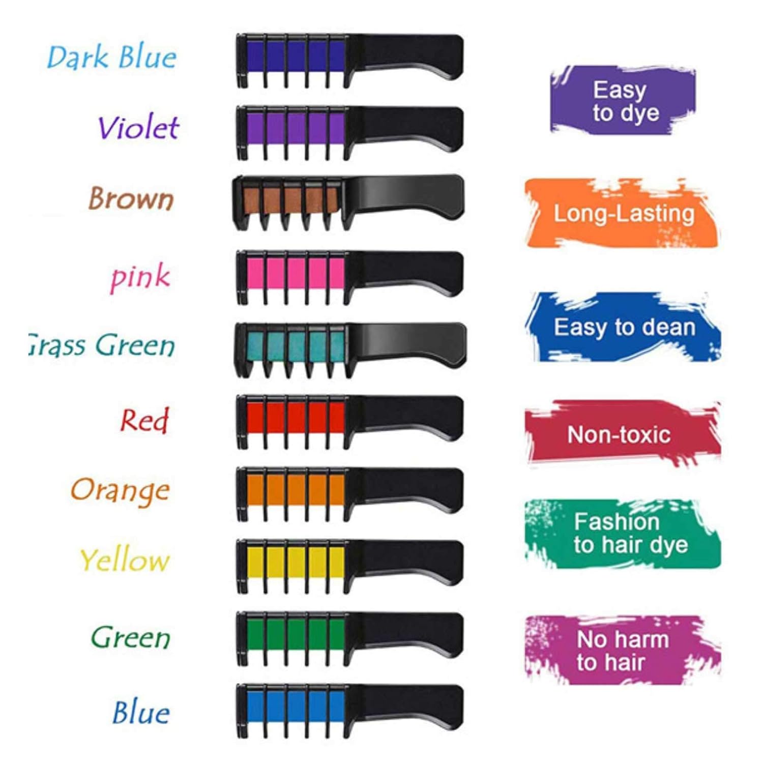Temporary Hair Chalk Comb - Non Toxic Washable Hair Color Comb for Hair Dye, Safe for Girls Kids for Party, Birthday Gift,Halloween Christmas Parties,Cosplay, DIY (10 Colors) : Beauty & Personal Care