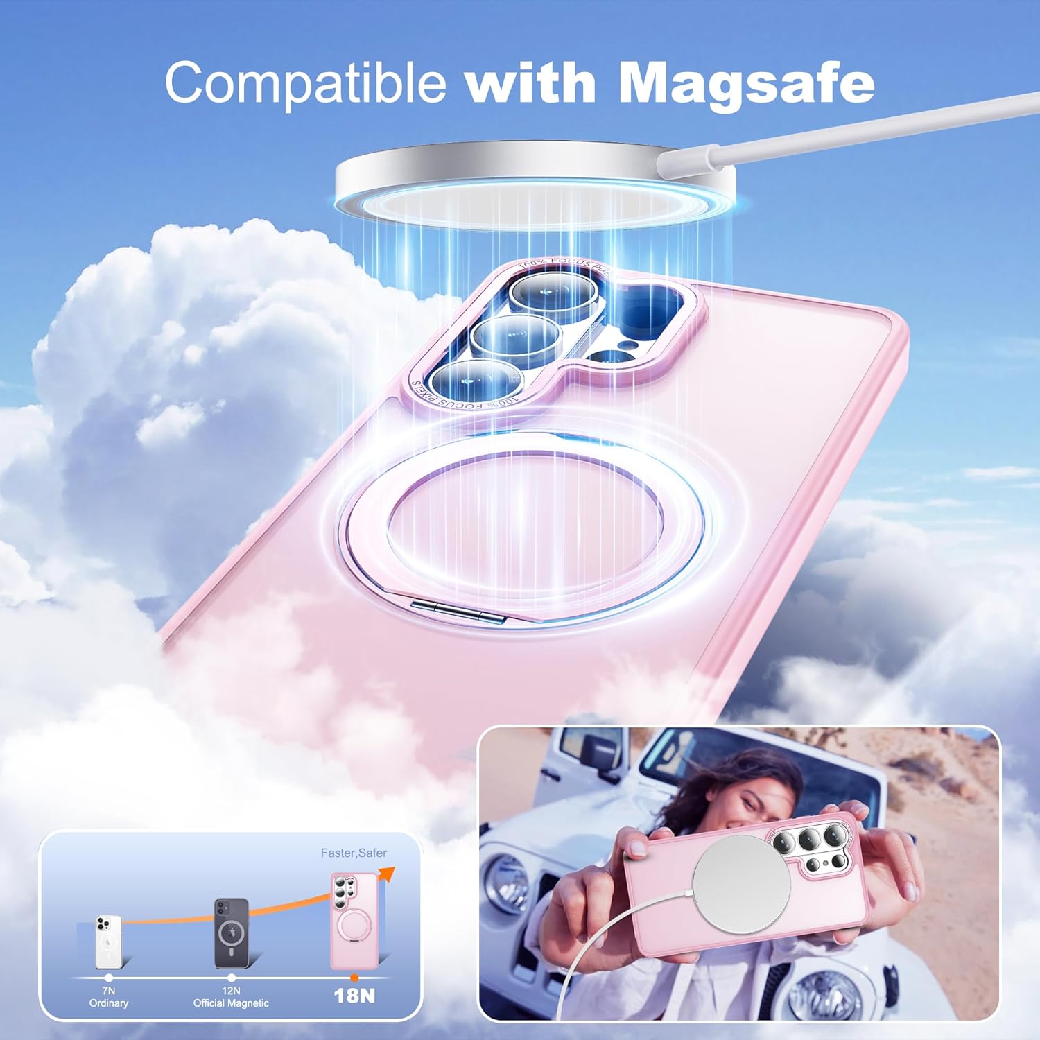 for Samsung Galaxy S26 Ultra Case with 360°Rotatable Magnetic Ring Stand Compatible with Mag-Safe Military Protection Matte Translucent Phone Case for Galaxy S26 Ultra 6.9",Pink