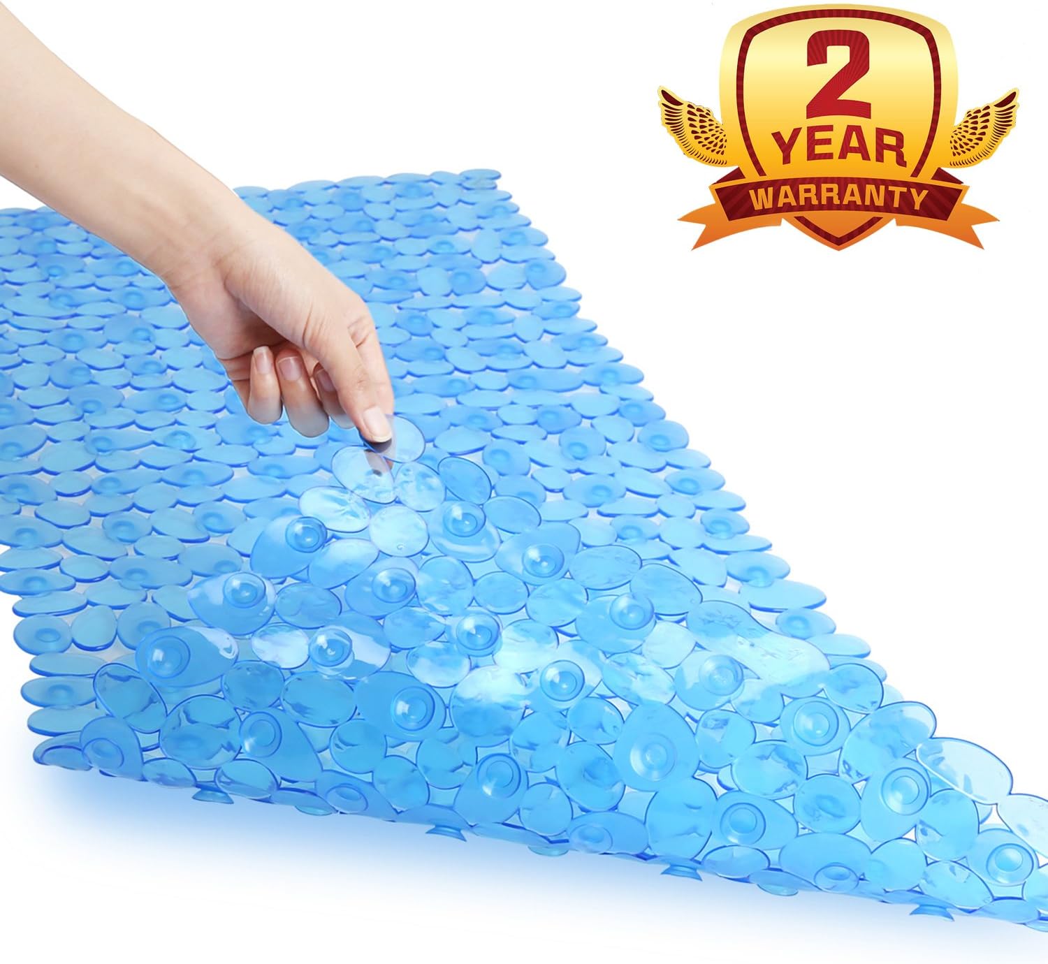 Grilldom Non Slip BathTub Mat, Extra Long Shower Mat with Anti Slip Suction Cups, Premium safe Pebbles, Machine Washable (Blue: Rectangle 16" x 35")