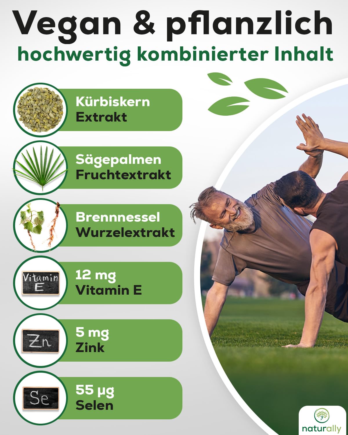 naturally Prostata Komplex Kapseln mit Sägepalmenextrakt hochdosiert – Prostata Kapseln mit Kürbiskern, Brennnessel, Vitamin E, Zink, Selen für Männer [120 Stk] – vegan, prosta vit, Sägepalme