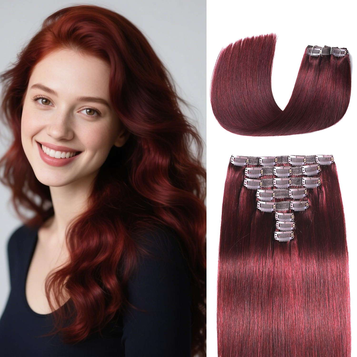 Clip in Hair Extensions Real Human Hair Straight Real Remy Human Hair 8pcs 100g Double Weft Remy Human Hair Clip in Extensions (#99J Red Wine