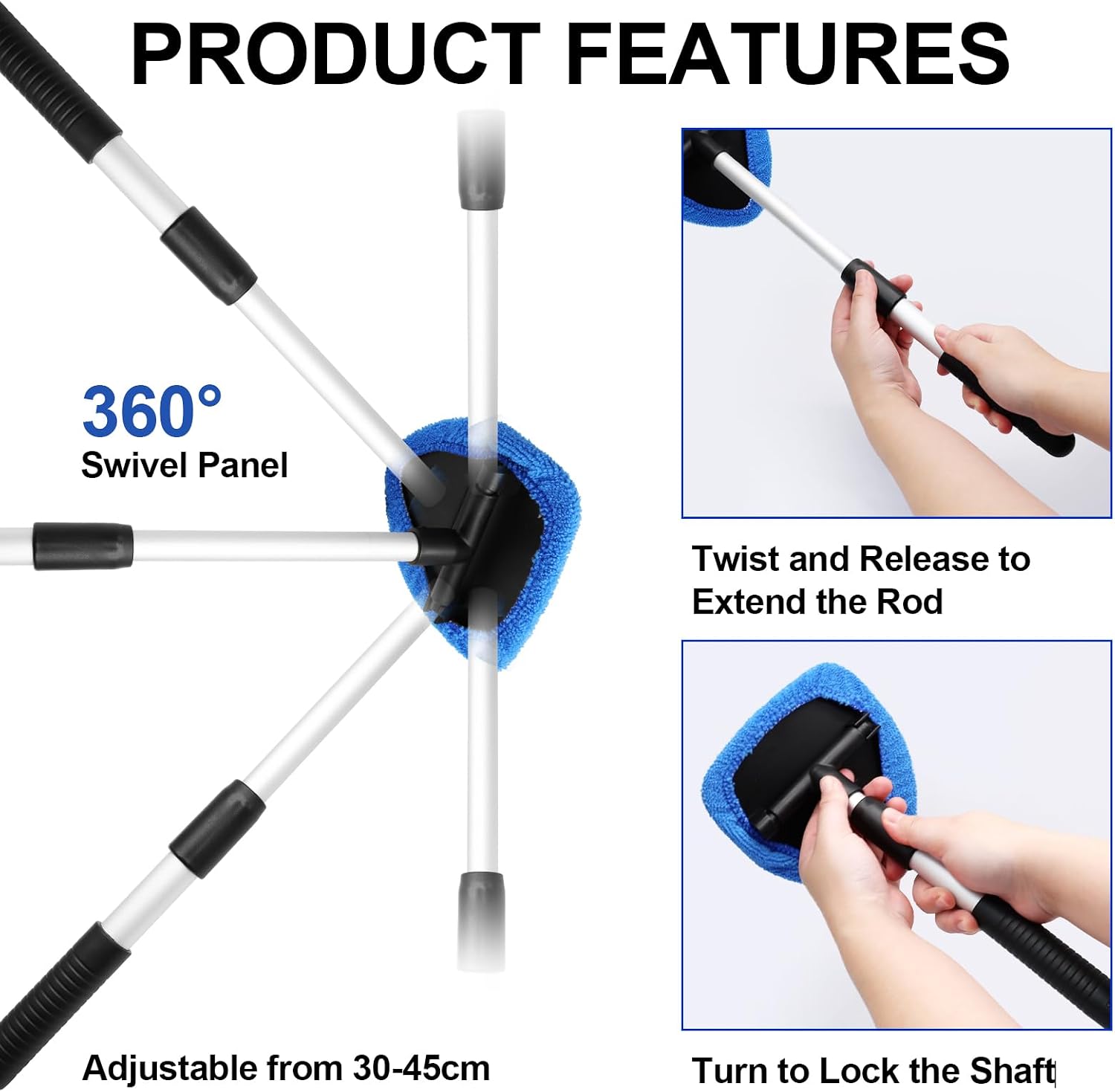 Uenhoy 13 Pcs Car Window Cleaning Kit, Windshield Cleaner Tool with Extendable Handle, 8 Microfiber Pads & 2 Spray Bottles & Brush, Auto Glass Wiper for Car and Home Window Cleaner, Blue image 4