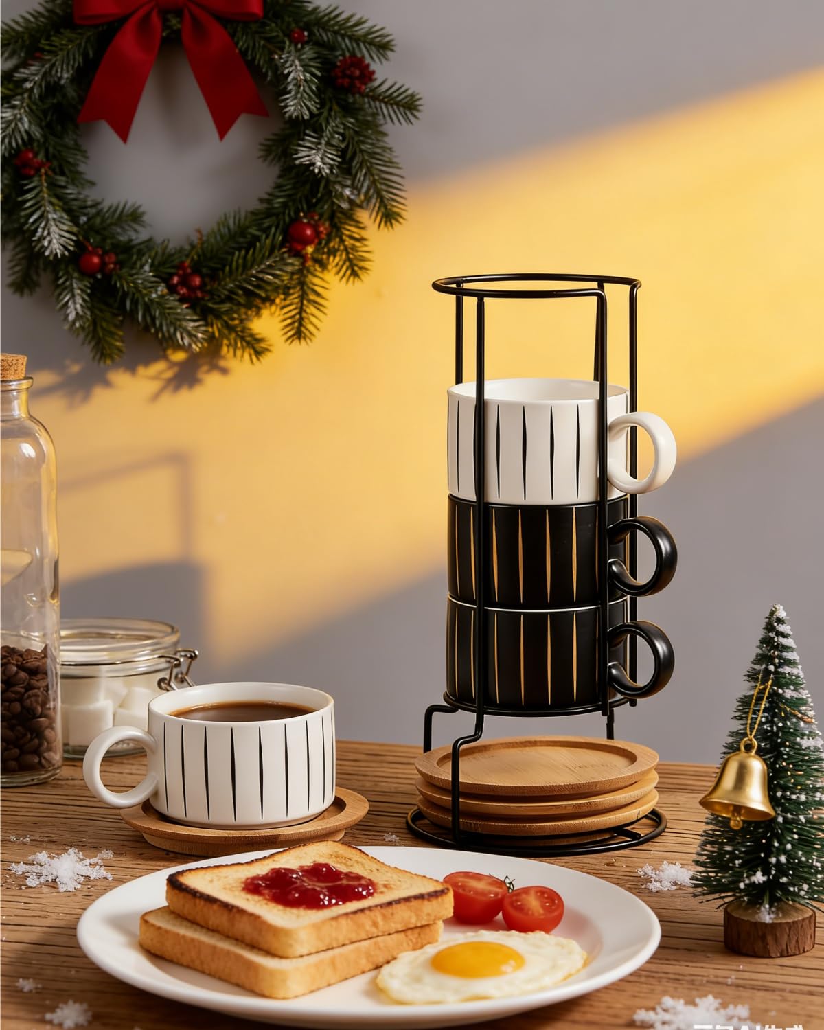 HOME DECOR Tazze da caffè in ceramica impilabili - Set di 4 tazze da 160ml con piattini in legno e supporto in metallo per doppio espresso, cappuccino e latte macchiato - Collezione a righe