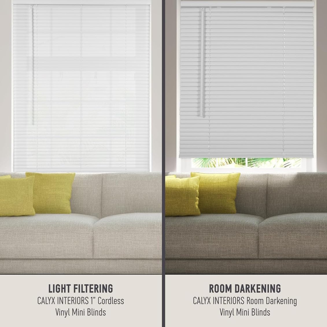 Calyx INTERIORS Room Darkening Vinyl Mini Blinds, Cordless, 1" Slat, 46.5" W x 48" H, Light Gray. Inside Mount in Windows 46.75 and Greater; Indoor Window Shades