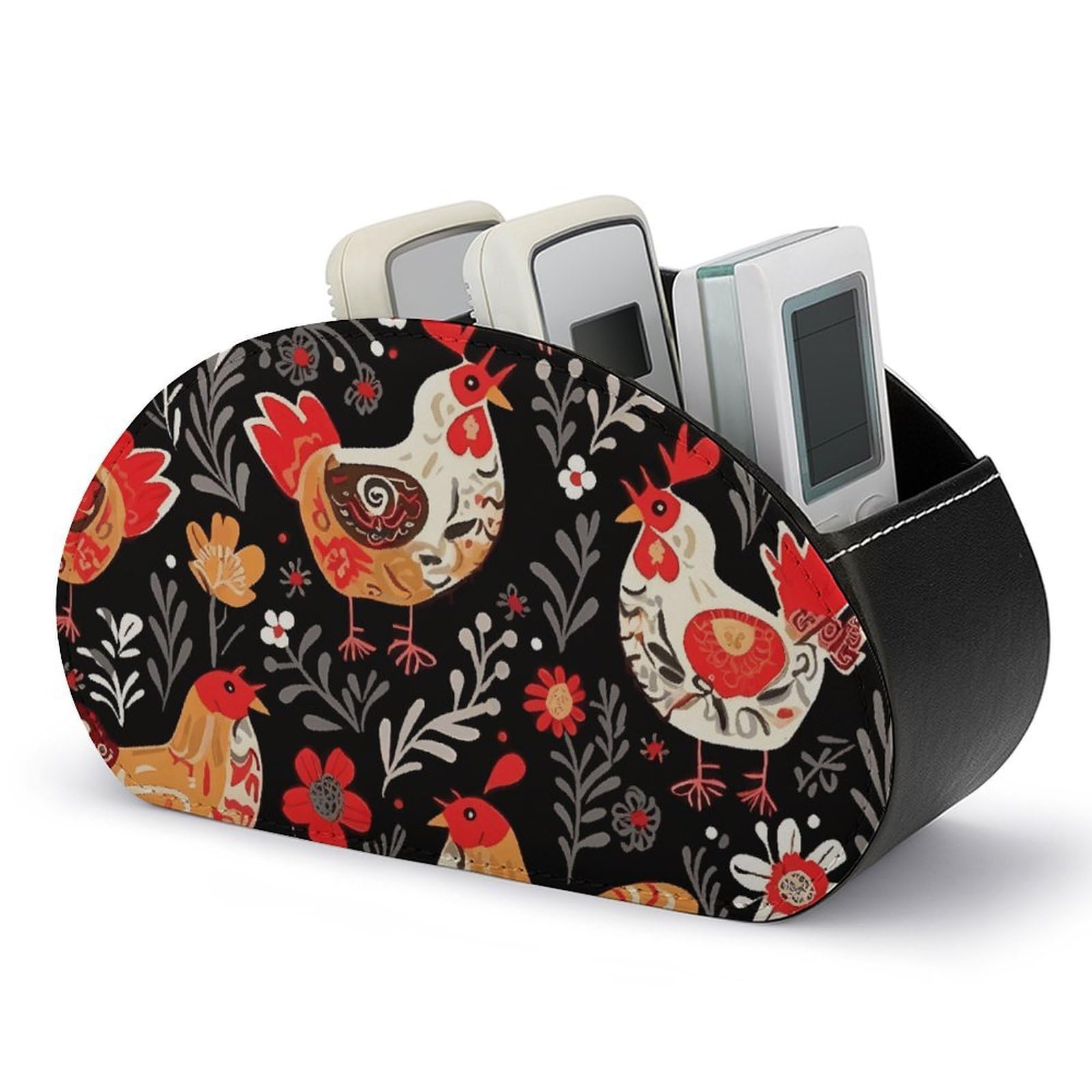 VstaDank Cute Rooster Chickens Remote Control Holder with 5 Compartments PU Leather Remote Caddy Desktop Organizer Store TV Remote Control Storage Box for Home Office Desk Nightstand