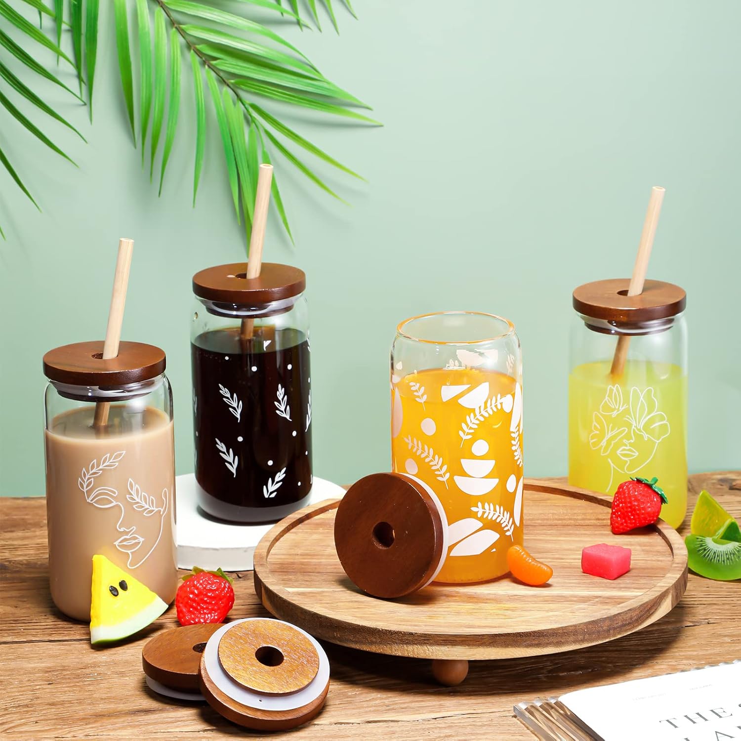 30 Pcs Wooden Jar Lids with Straw Hole - Wide Mouth Reusable Lids with Silicone Sealing Rings for Yogurt, Spice, Home Kitchen Containers Storage (2.8 Inch)