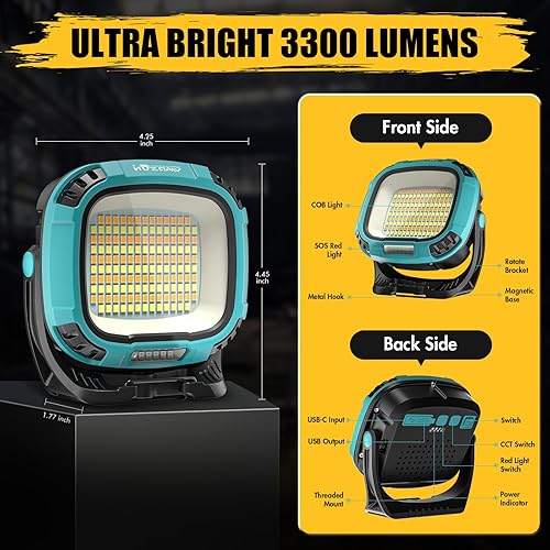 Miniatura 7 de WARSUN Luz de trabajo recargable LED, luz de inundación portátil COB de 3300 lúmenes, luz de trabajo magnética giratoria de 180, luz mecánica con