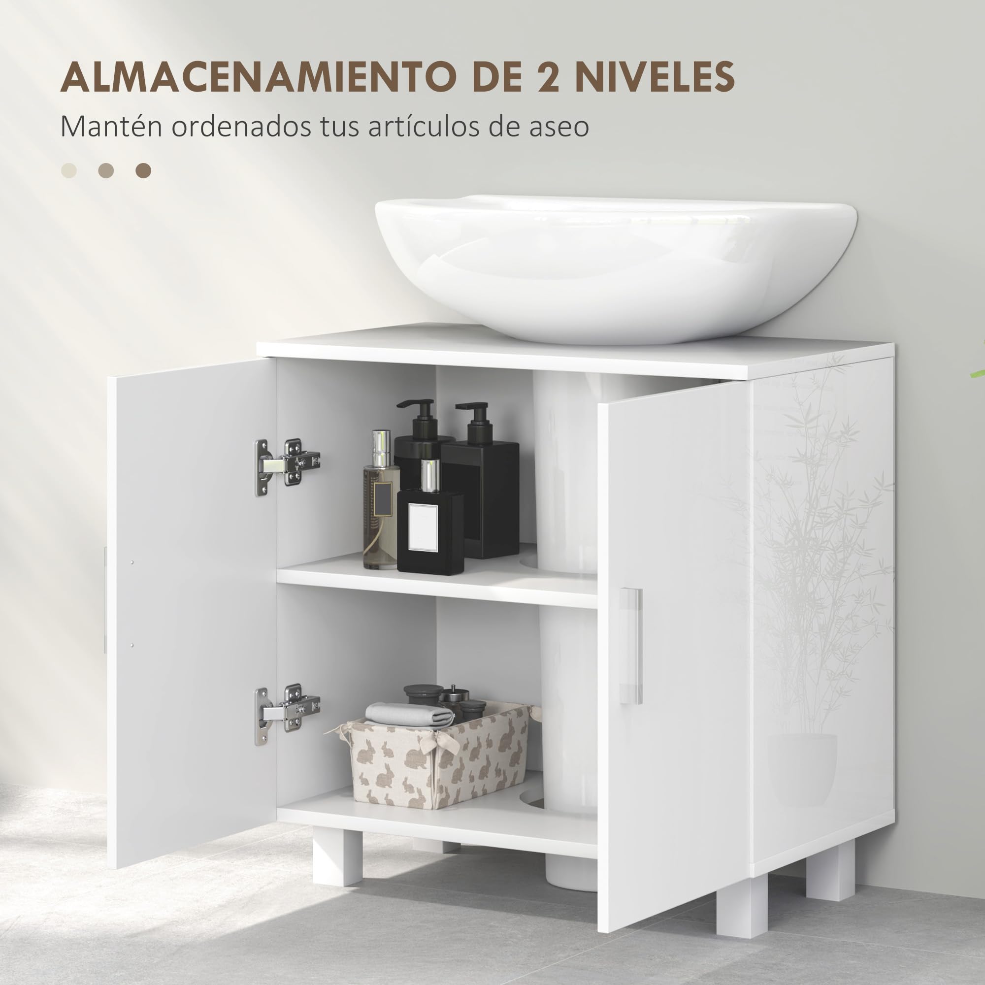 HOMCOM Mueble para Debajo del Lavabo Mueble bajo Lavabo Mueble de Lavabo con Pie con 2 Puertas 2 Estantes y Sistema Antivuelco para Cuarto Baño 60x35x60 cm Blanco