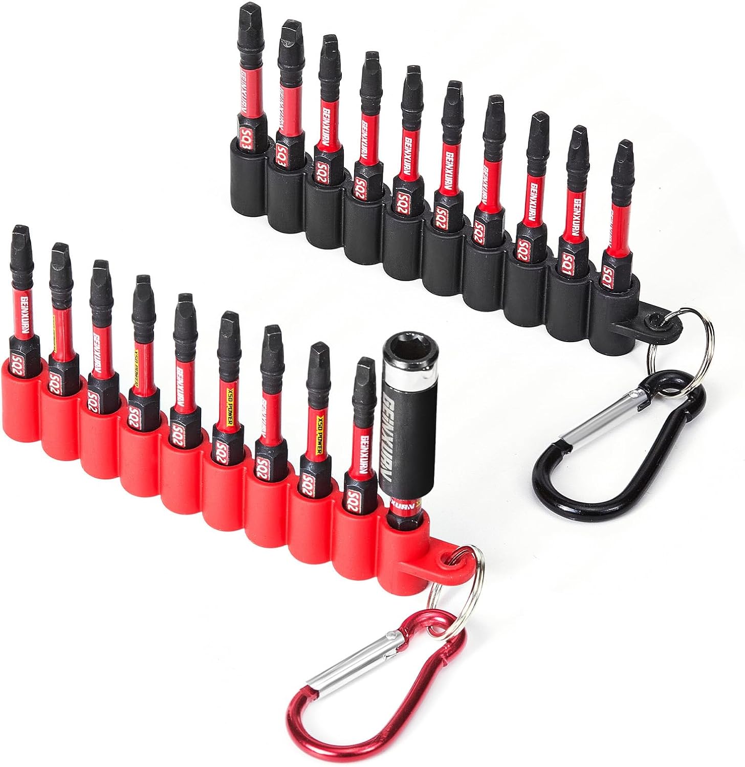Geinxurn Impact Square Screwdriver Bits Set, 20 Pieces 2”Magnetic(SQ1/SQ2/SQ3) S2 Steel Multi Cross Driver Bits and 1 Pc Bit Holder with Soft Hanging Strips