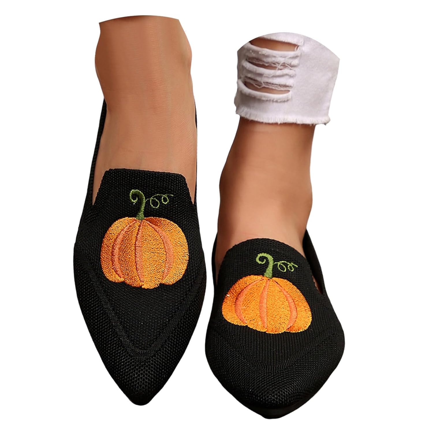 Halloween Knit Casual Shoes with Pumpkin Print Chunky Block Low Heel Pointed Toe Cosplay Trendy Breathable Comfortable Party