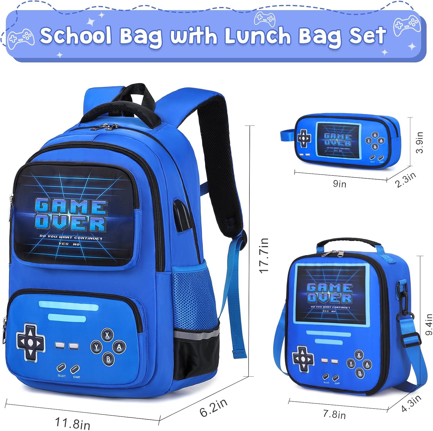 ACESAK Gamer Backpack for Boys - Cool Luminous School Backpack with Lunch Bag Pencil Case - Kids Boys Backpack Elementary Middle School Book Bags for Teen with USB Charging Port (Blue