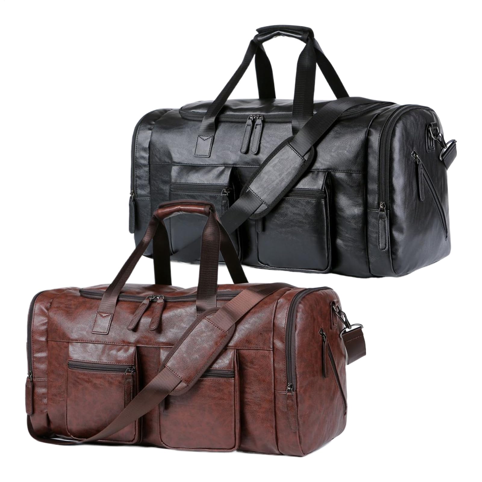 Bolso Duffle de piel sintética grande y muy resistente, marrón, Se référer au descriptif, Consulte la descripción