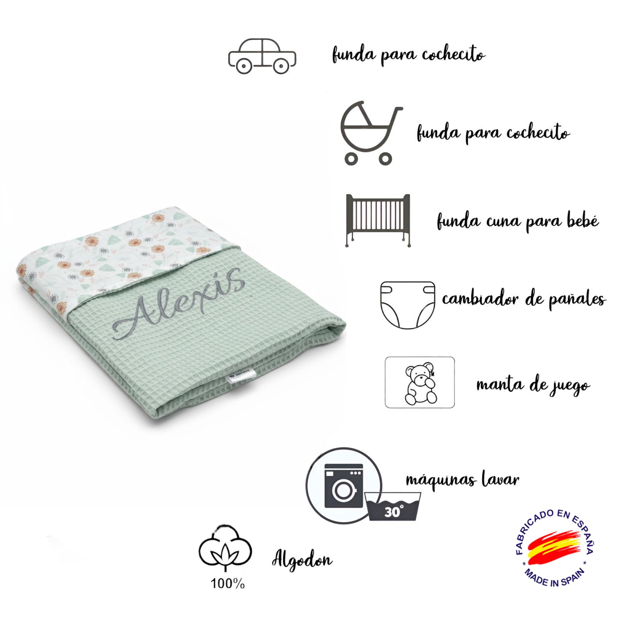 variouss Manta para Bebe Recien Nacido Personalizado con su Nombre Bordado, Cochecito o capazo. (019 Verde)