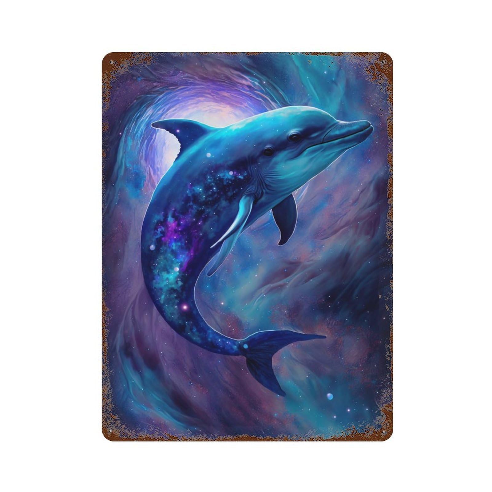 Rust Effect Cosmic Dolphin Art Print-4 Rusty Metal Tin Sign 15.7"x11.8", Industrial Home Decor for Living Room, Hallway And Home Decor