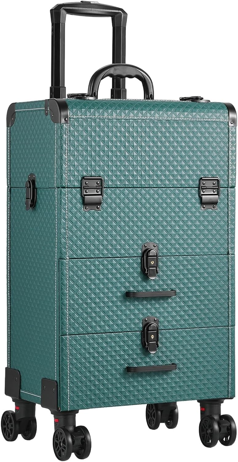Qivange 3 In 1 Rolling Makeup Case Travel Train Case Cosmetic Case Organizer Lockable Cosmetology Case on Wheels with Extended Makeup Box & Sliding Drawers for Hair Stylist Beauty Salon,Green