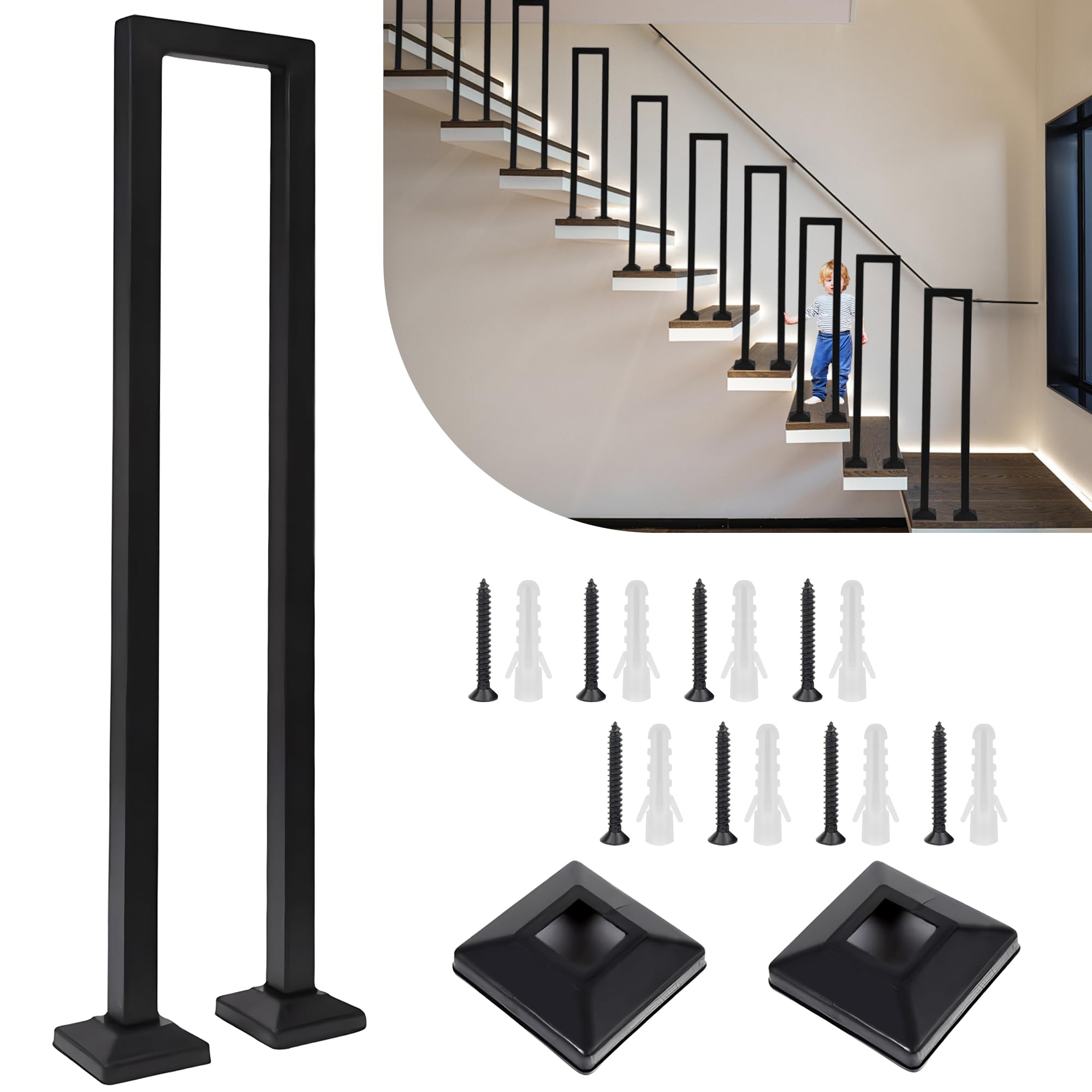 Stair Railing Indoor, U-Shaped Stair Rail, Optional Height 35-110cm, Exterior Railing Stairs, Handrails for Outdoor Steps, for Stairs, Garden, House Entrance, Backyard, Balcony (U-Black, 55 cm)
