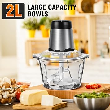 Electric Food Chopper,300W Food Processor Meat Grinder with 2L Glass Bowl,Vegetable Cutter with 4 bi-Level Blades, for Meat, Smoothie, Onions, Fruit, Vegetables