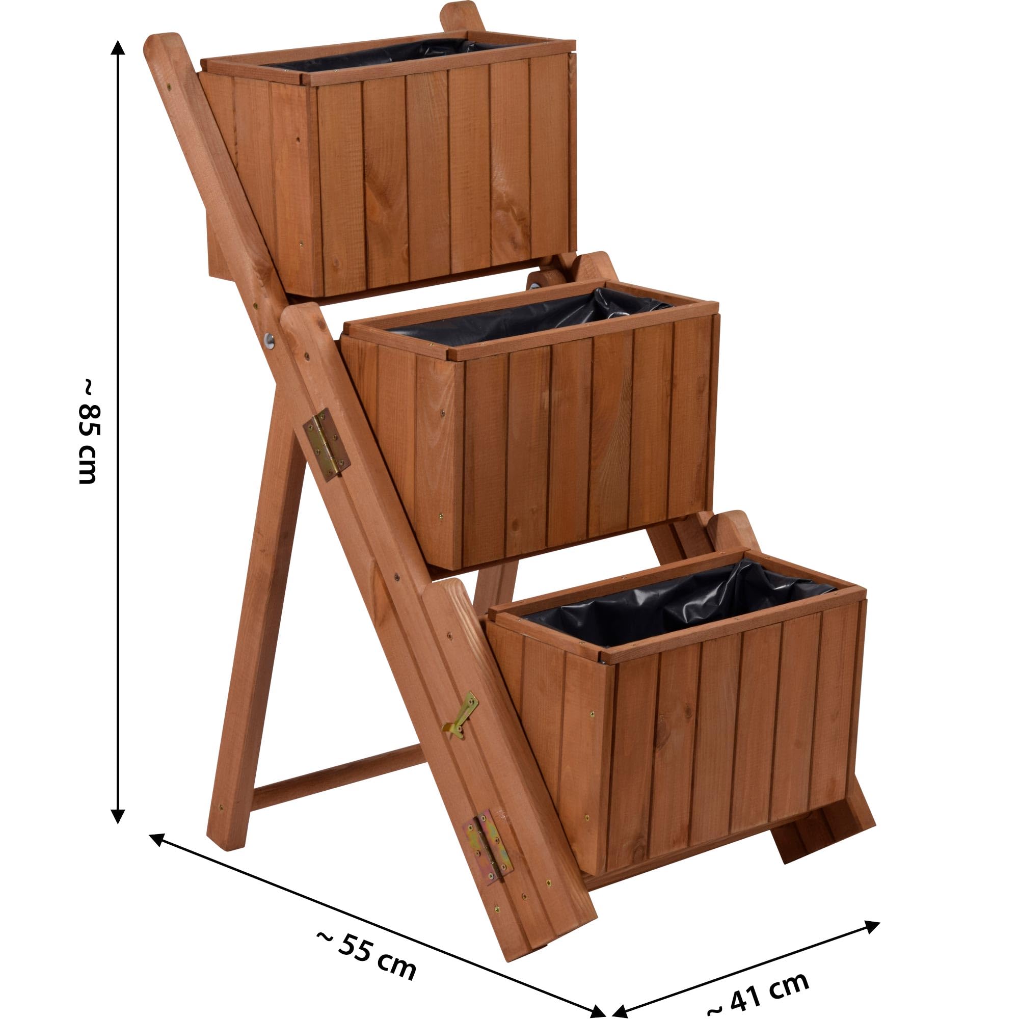 dobar® 29251e ausklappbare Pflanztreppe Dreistufig | Blumentreppe mit 3 separaten Pflanzkästen | Blumenkästen inkl. Pflanzfolie | Vormontierte Blumenkasten | Pflanzkübel Holz | 41 x 55 x 85 cm | Braun