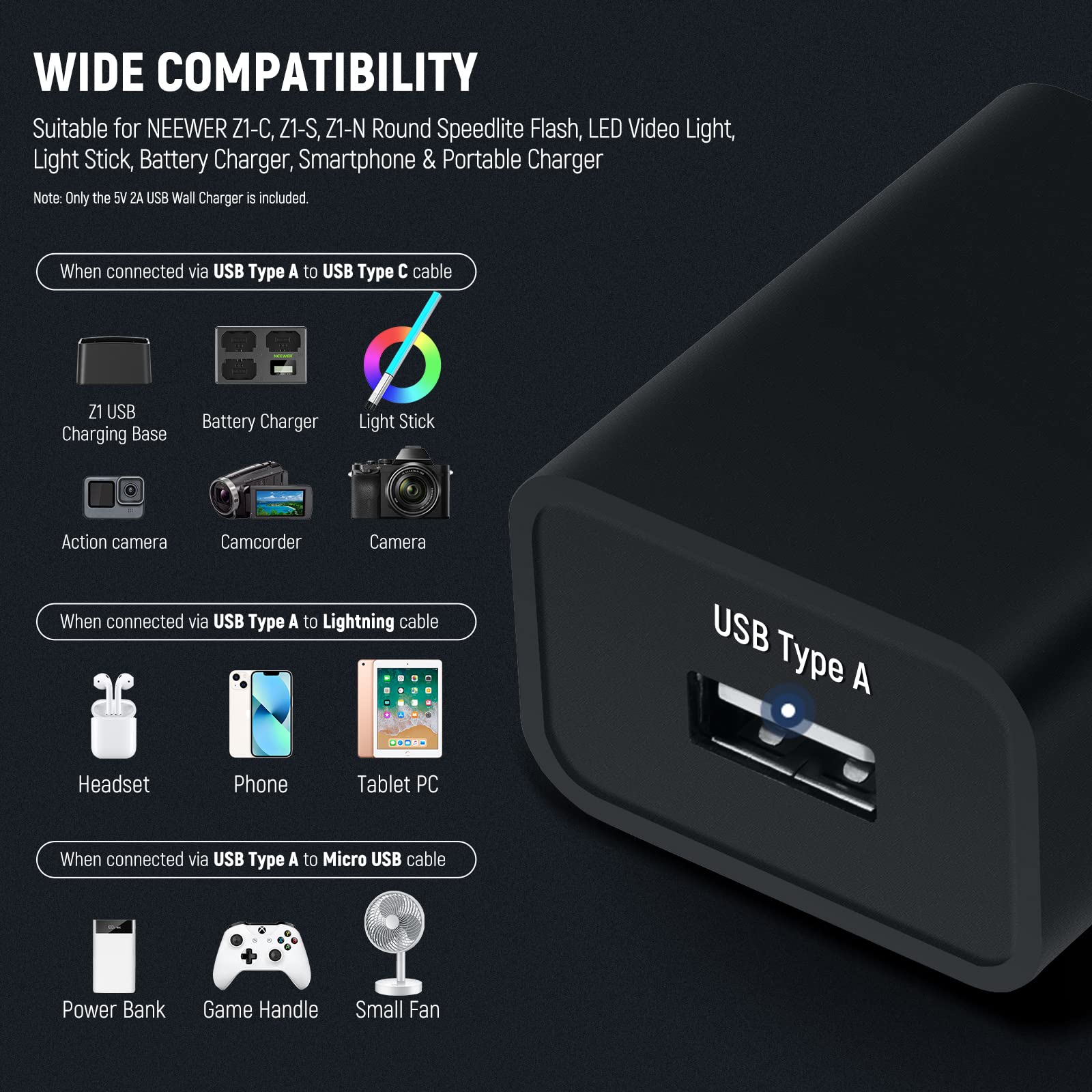 NEEWER 10W 5V 2A Cargador Adaptador Corriente USB para Luces NEEWER, Enchufe de Pared USB A del Cargador de Batería para NEEWER Z1-C, Z1-S, Z1-N Flash Speedlite Redondo, SL90 RGB LED Video Luz, etc.