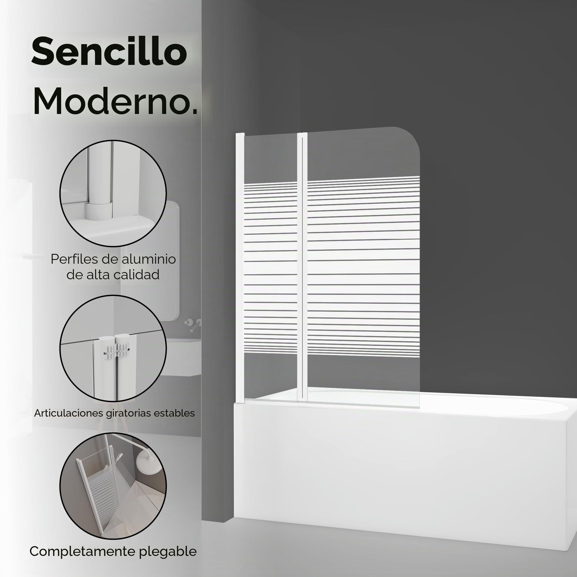 MARWELL White Lines - Mampara de ducha plegable para bañera (100 x 140 cm, 2 piezas, color blanco mate), mampara de ducha de vidrio templado de seguridad de 4 mm de grosor