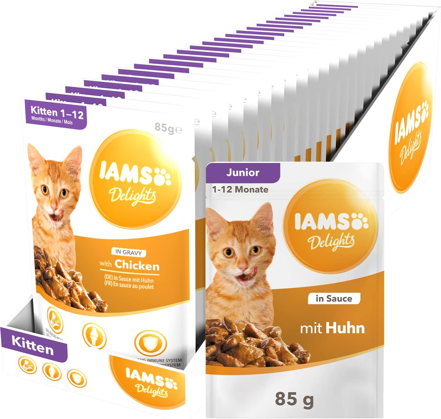 IAMS Delights Kitten Nassfutter Multipack Katzenfutter mit Huhn in Sauce, hochwertiges Futter
