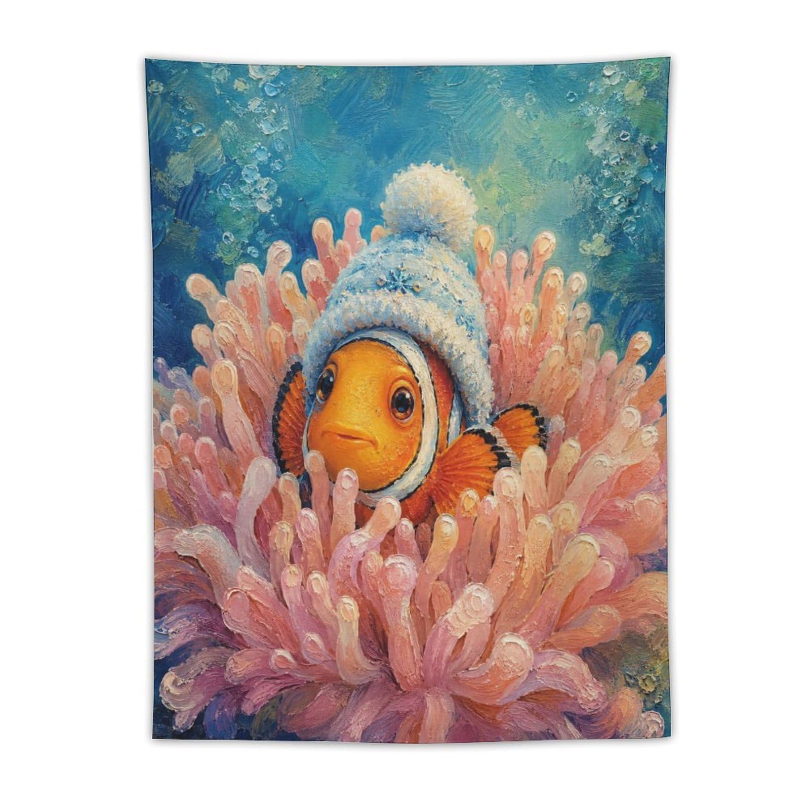 W7C8U2X3 Clownfish Winter Beanie Wall Tapestry, Coral Reef Fish