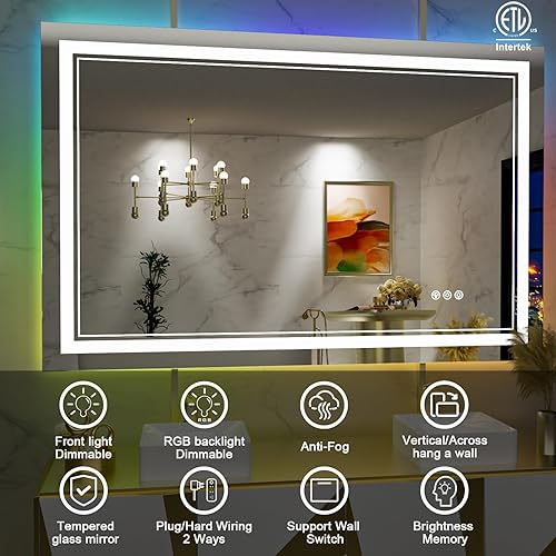 Miniatura 2 de Espejo de baño LED RGB de 40 x 36 pulgadas con luces, espejo LED RGB retroiluminado que cambia de color para baño, espejos de tocador iluminados