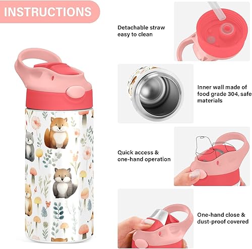 Miniatura 5 de KEIGE Linda botella de agua para niños con diseño de mapache y ardilla, botella deportiva aislada al vacío con tapa con pajilla, termo de acero