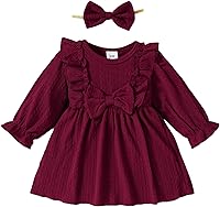 Mioglrie Toddler Girl Ruffle Dress with Headband - Fall Winter Baby Outfits 3-24 Months 2T-3T Cute Puff Sleeves