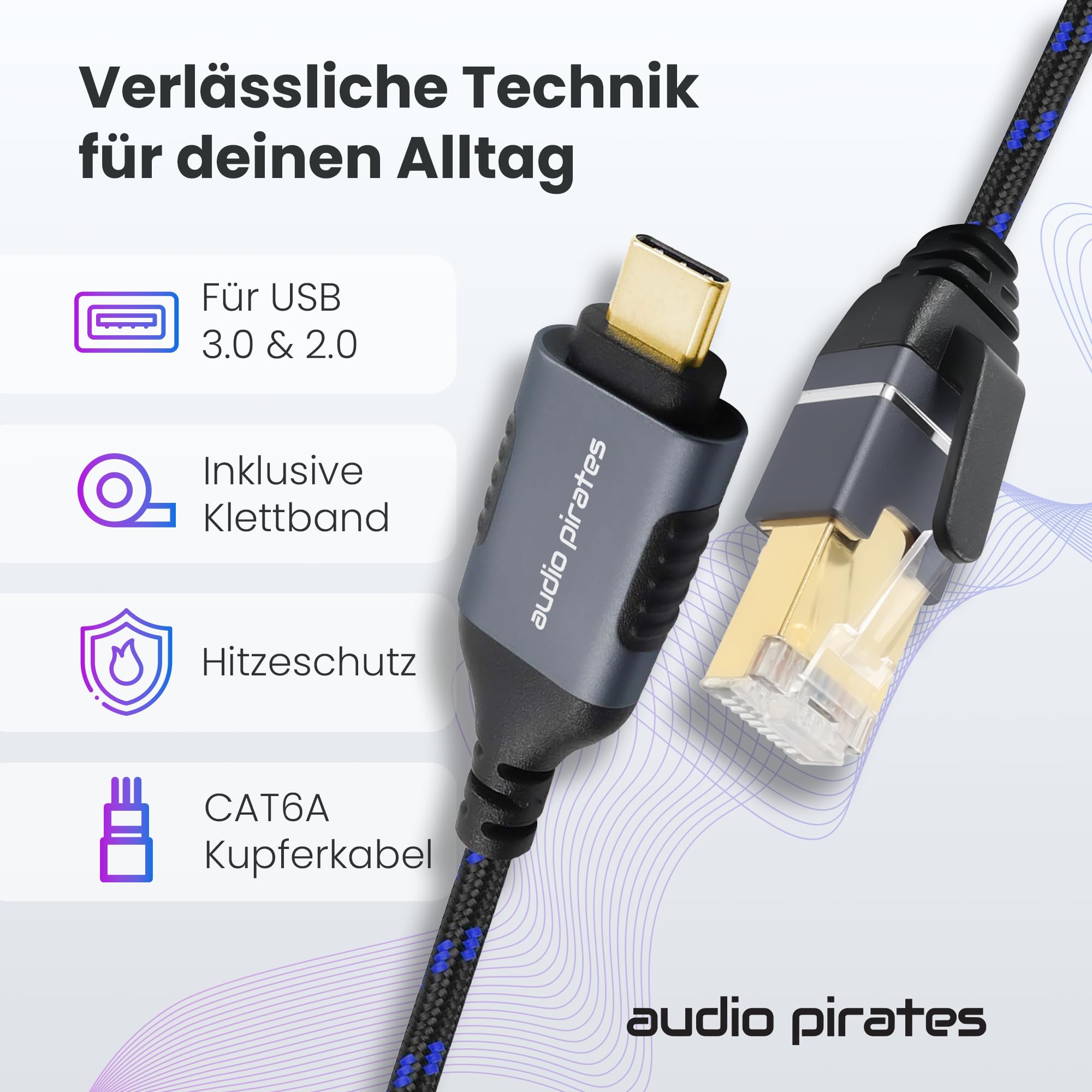 audio pirates Cable adaptador Ethernet USB 3.0 a RJ45 (Gigabit, CAT6A, 1000 Mbps), adaptador de red USB con contactos dorados y carcasa de aluminio, adaptador USB Ethernet (1 paquete, 10 metros, azul)