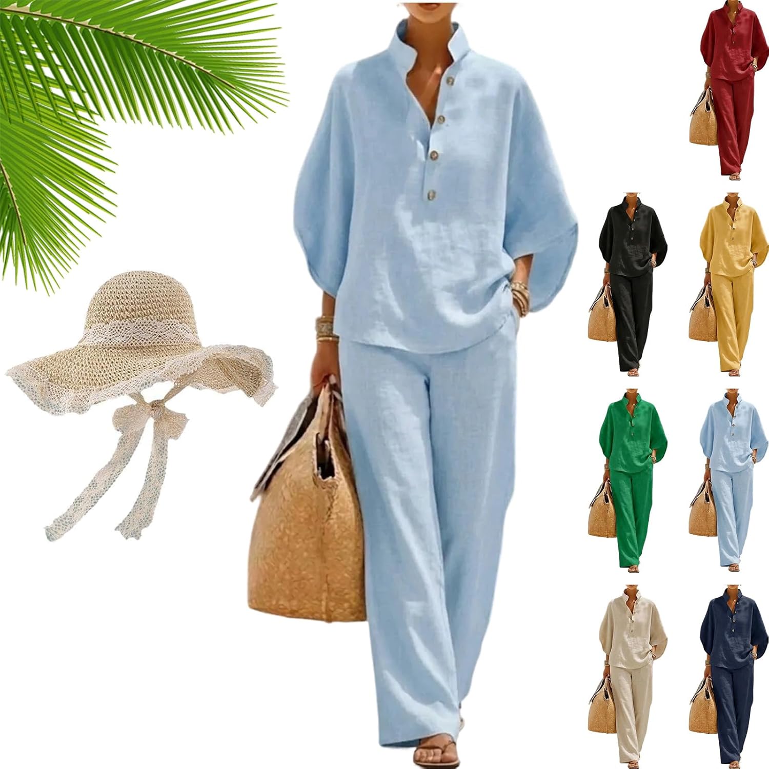 Women’s Batwing Sleeve Linen Cotton Two-Piece Set – Casual Shirt & Wide Leg Pants Outfit, Breathable Loose Fit
