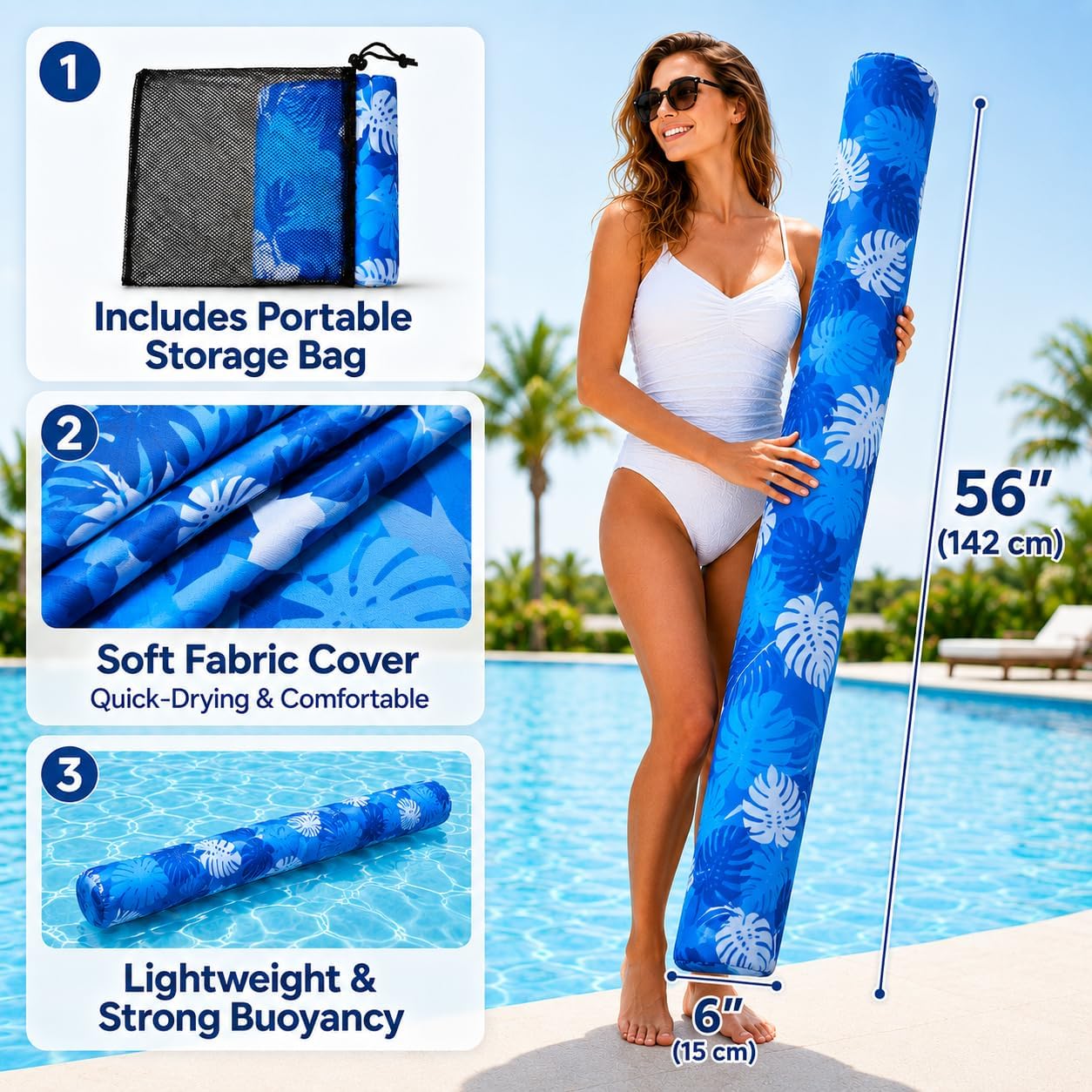 2-Pack Thick Inflatable Pool Noodles with Storage Bag, Quick-Drying Fabric-Covered Swim Floats for Adults, Beach & Pool Water Toys image 4