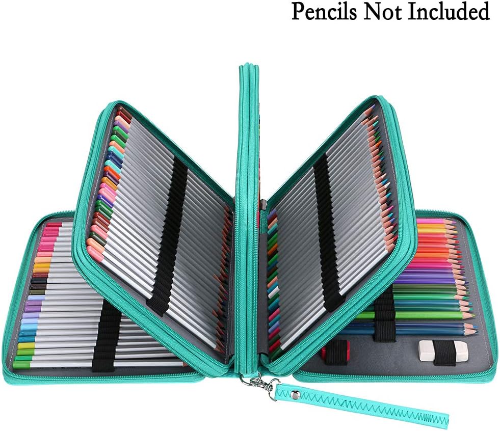 BTSKY 200 Slots Colored Pencil Organizer - Deluxe PU Leather Pencil Case Holder With Removal Handle Strap Pencil Box Large for Colored Pencils Watercolor Pencils (Green)