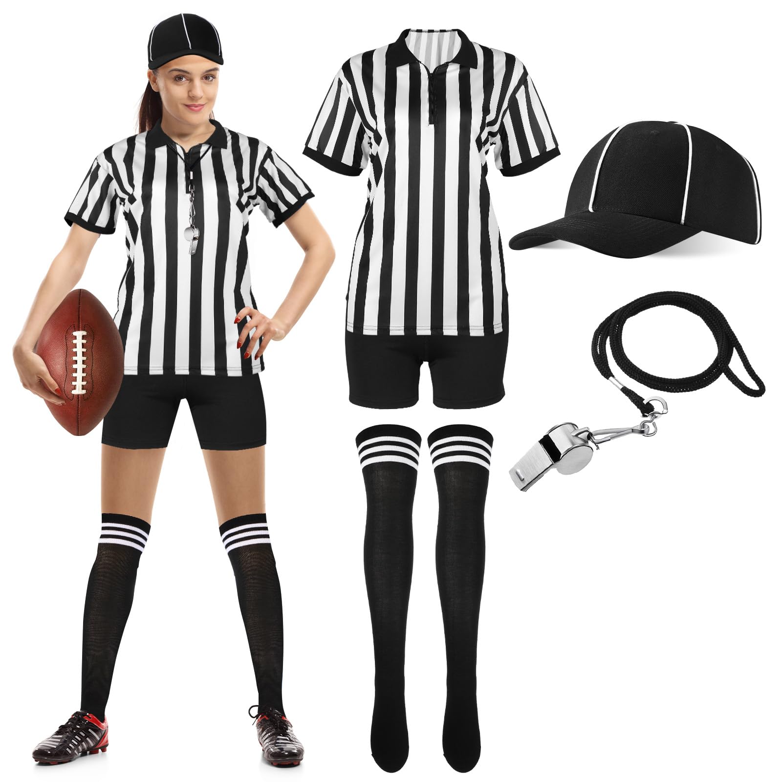Schiedsrichter-Kostüm für Damen, schwarz-weiß gestreift, Ref. Shirt, Jersey, Shorts, Schiedsrichterhut für Karneval, Party, Halloween, Cosplay, Party