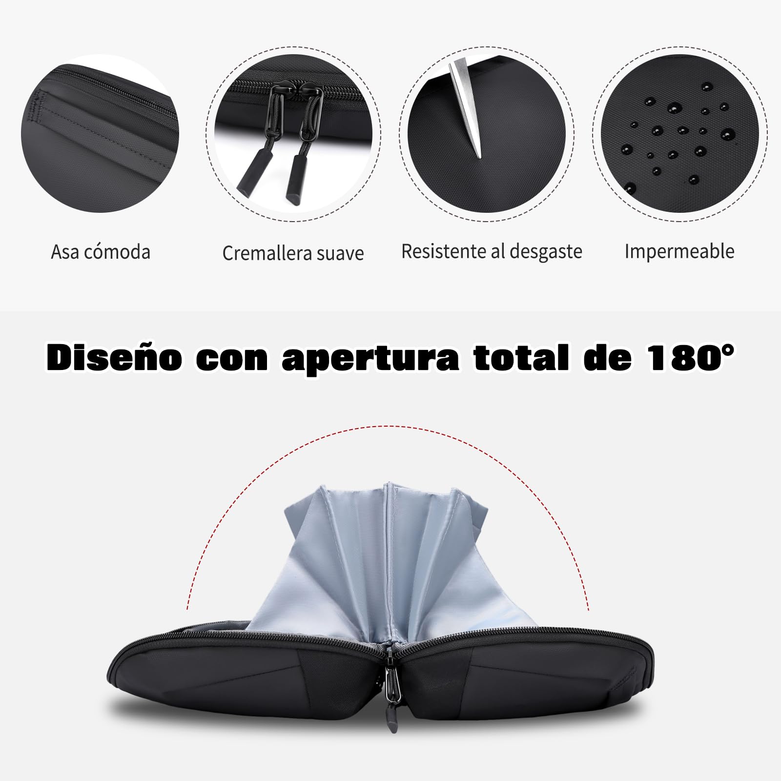 FANDARE Neceser Electrónico Viaje Bolsa Organizadora de Cables Negro | apertura 180° acceso total, correas elásticas fijan cables, cremallera y compartimentos anti-enredos