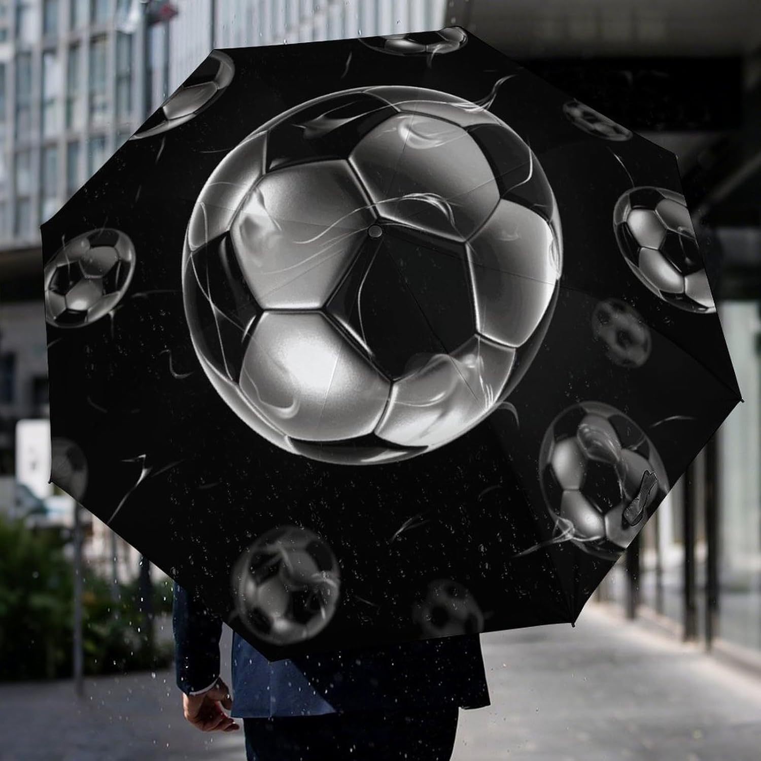 Soccer Black Umbrella Extra Large Folding, Travel Umbrella Windproof, Compact, Golf Umbrella With Unique Patterns, Fashionable And Beautiful for Men And Women.