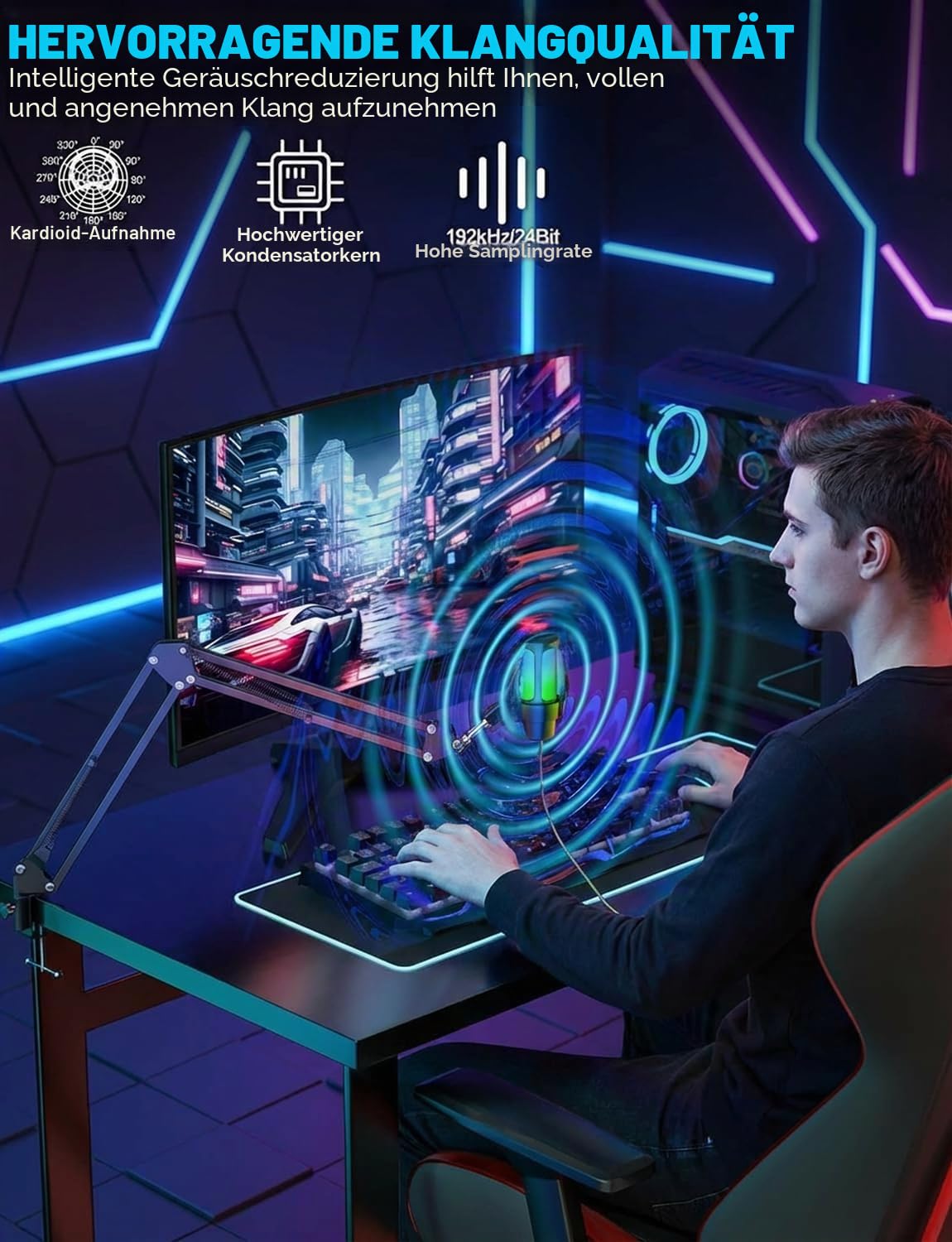 Gaming Mikrofon mit Arm Plug & Play USB Kondensator Mikrofon mit RGB Licht, Mute-Taste, Pop-Filter & 1,8m USB-Kabel Mikrofon für PC, Laptop, Mac, PS4, PS5, Streaming, Podcast & Videokonferenzen | Mute-Taste, Pop-Filter, 1,8 m USB-Kabel, klare Sprachaufnah
