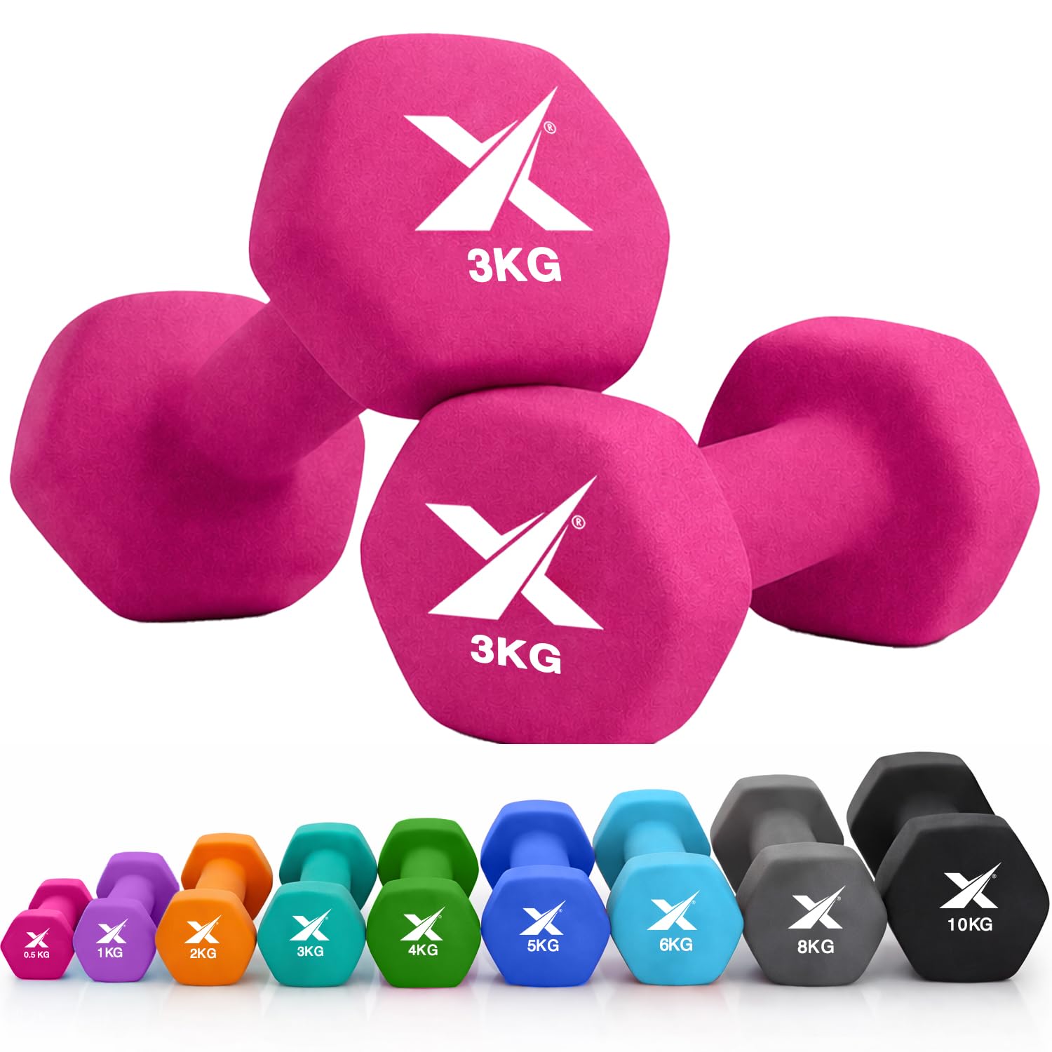 XN8 Neoprene Dumbbell Set, Non-Slip Dumbbells Pair of 0.5kg–10kg Hand Weights, Home Gym Strength Training Weights for Men & Women, Aerobics, Pilates, Body Toning, Arm, Biceps & Fitness Exercises