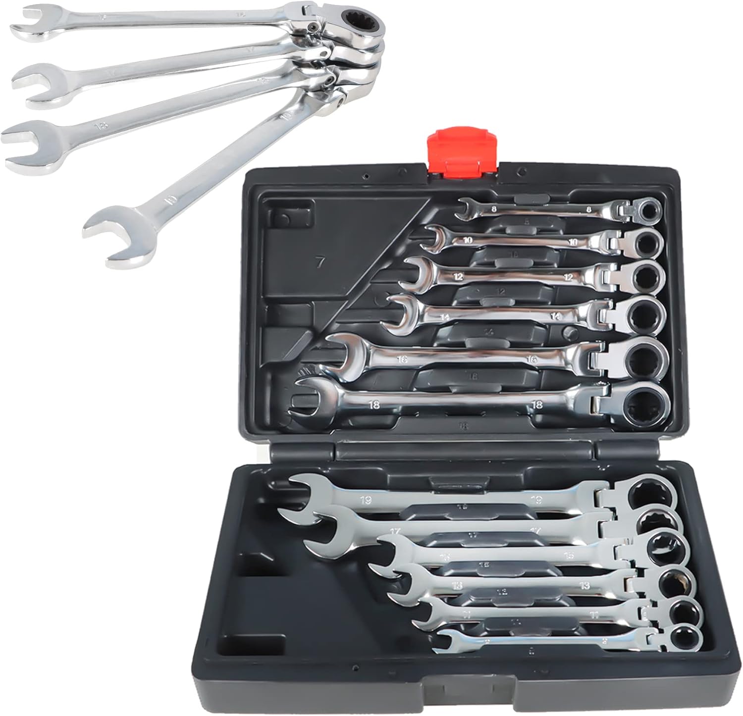 kimllier 12Pcs Ratcheting Wrench Set 8-19mm Metric Flexible Pivoting Head Ratchet Combination Spanner Tool Set with Portable Toolbox