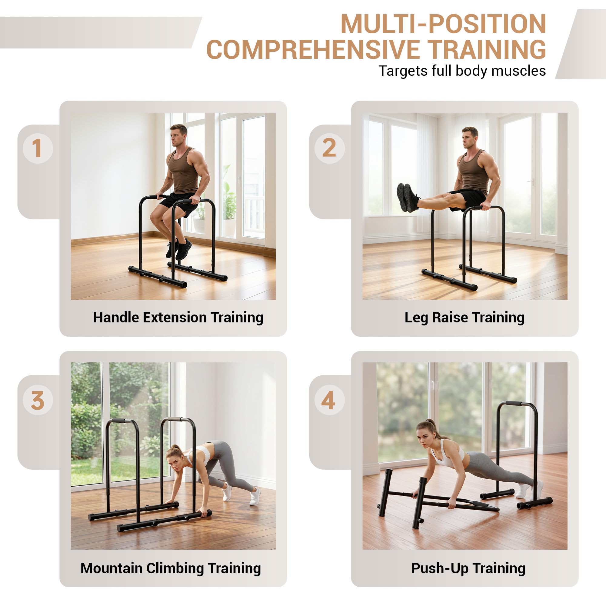Barras Paralelas Ajustables para Fondos, Barras de Calistenia, Estación de Entrenamiento y Musculación para Casa, Altura 80,5-94 cm, Ancho 85-103 cm, Capacidad de Carga 249 kg