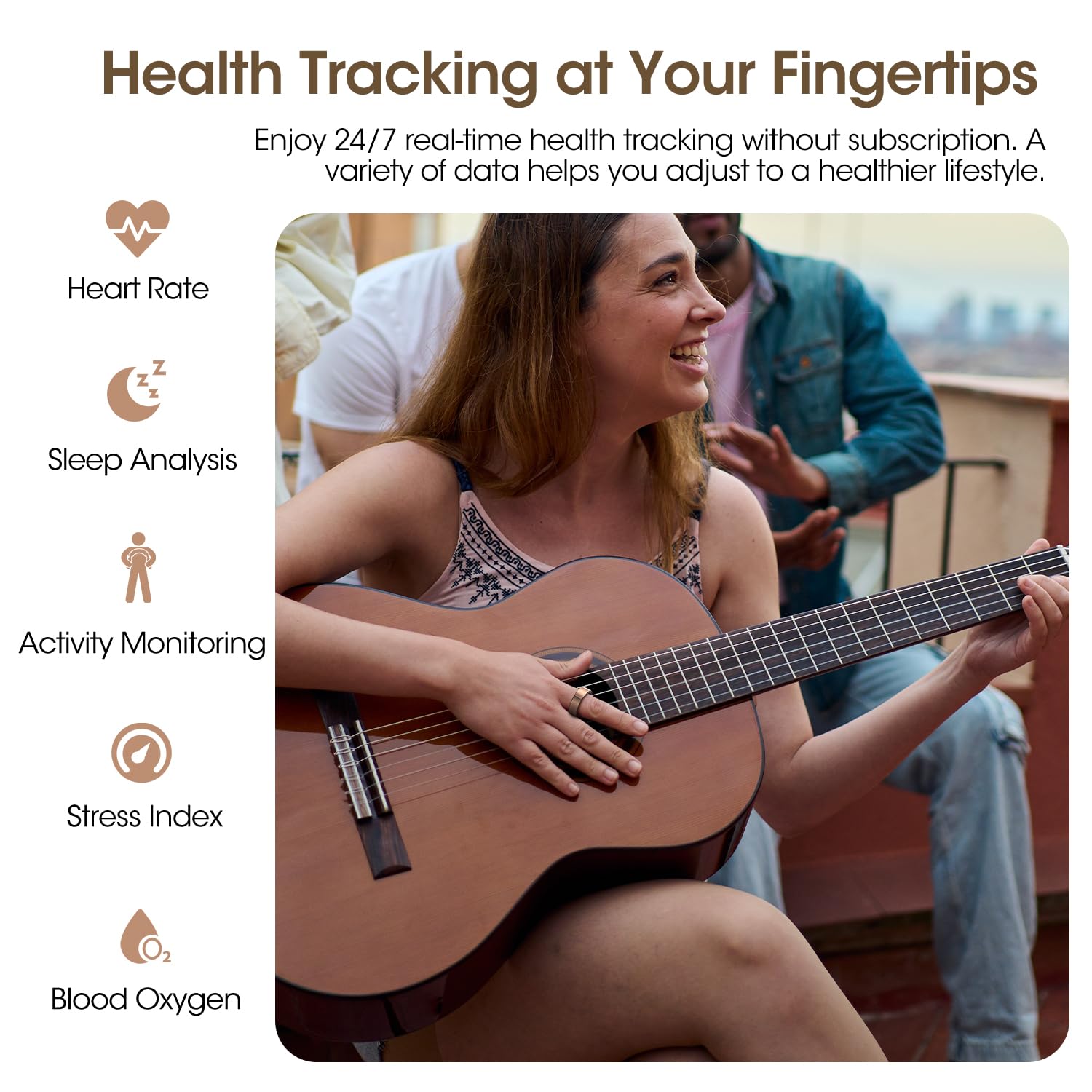 DekeFit Smart Ring Uomo Donna con Custodia di Ricarica, 100 Modalità Sport Contapassi, Frequenza Cardiaca, SpO2, Sonno, Impermeabile IP68, Anello Fitness Activity Tracker Android iOS, Taglia 9, Oro