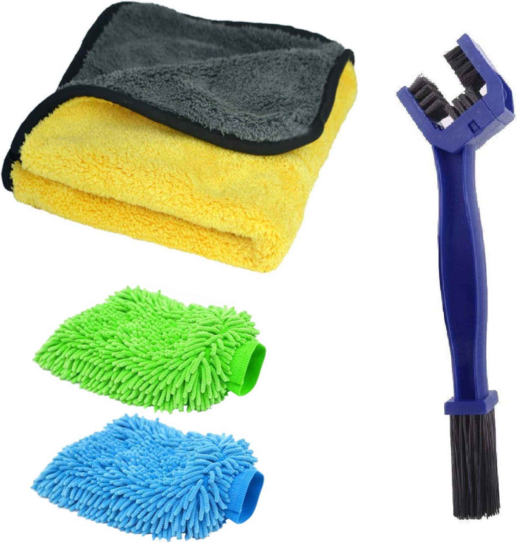 Autofy Multipurpose 4 in 1 Combo Cleaning Kit Dust Cloth Towel Glove Chain Brush for All Vehicles Bike Car Glass Kitchen - 800GSM Towel + Multipurpose Brush + 2 Microfiber Gloves (Multicolour)