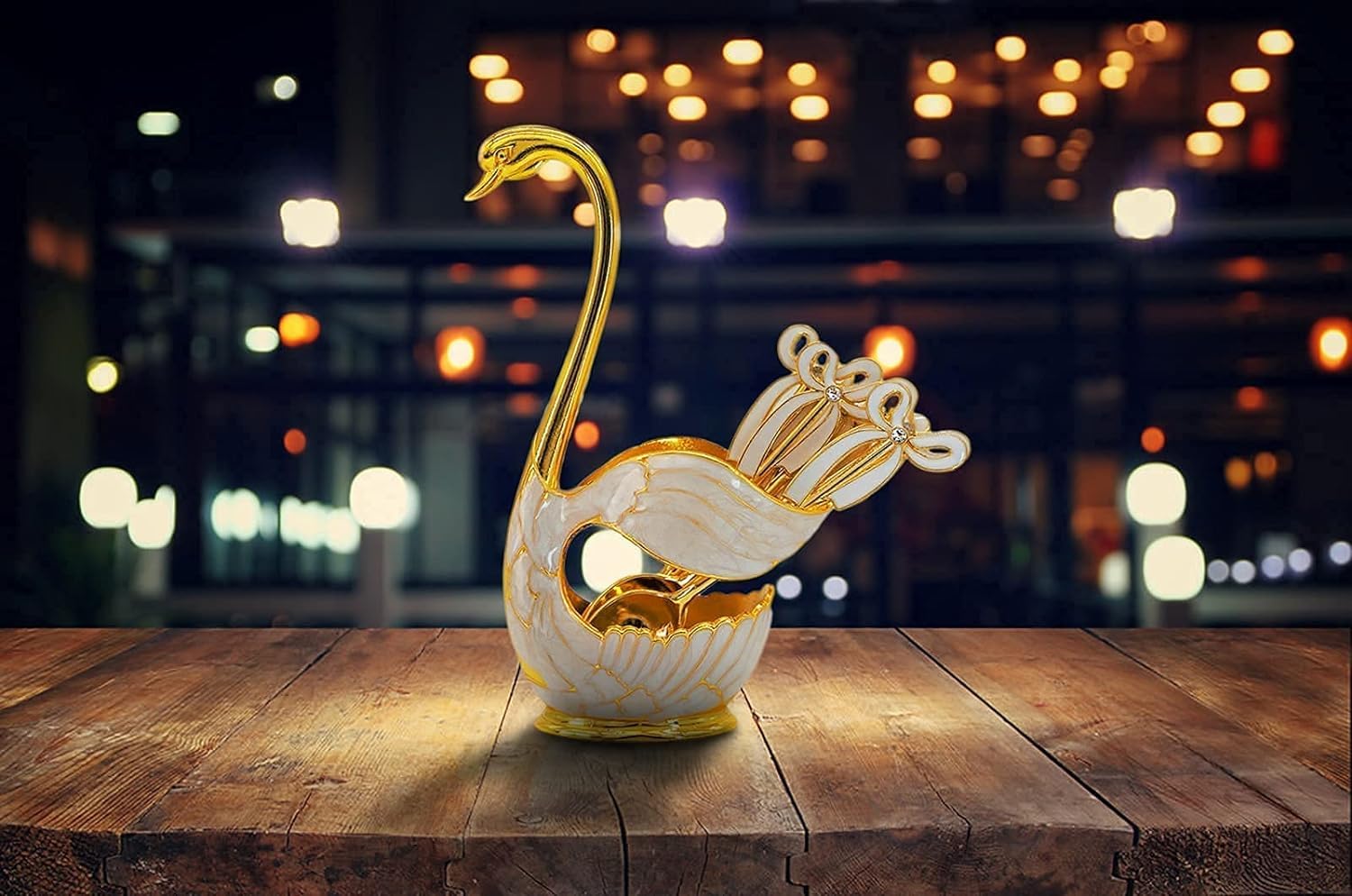 Set di 6 cucchiai da caffè e dessert con supporto decorativo Swan Bottom Holder, cucchiaino da tè in acciaio inox a forma di cigno (oro bianco