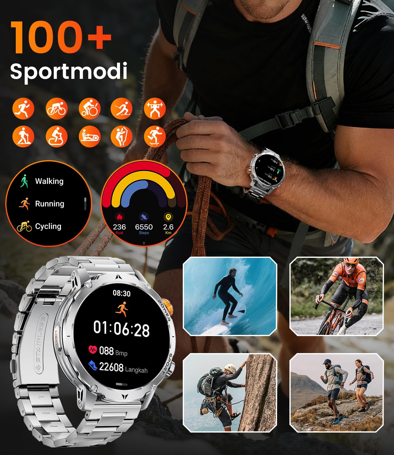 SUNKTA Smartwatch Herren Militär 1000 mAh großer Akku 1,7″ HD Bluetooth Anrufe Smartwatch für iOS Android Fitnessuhr,Herzfrequenz/Schlafmonitor/Schrittzähler,3 Armbänder,2 Ladekabel,Silber Sportuhr
