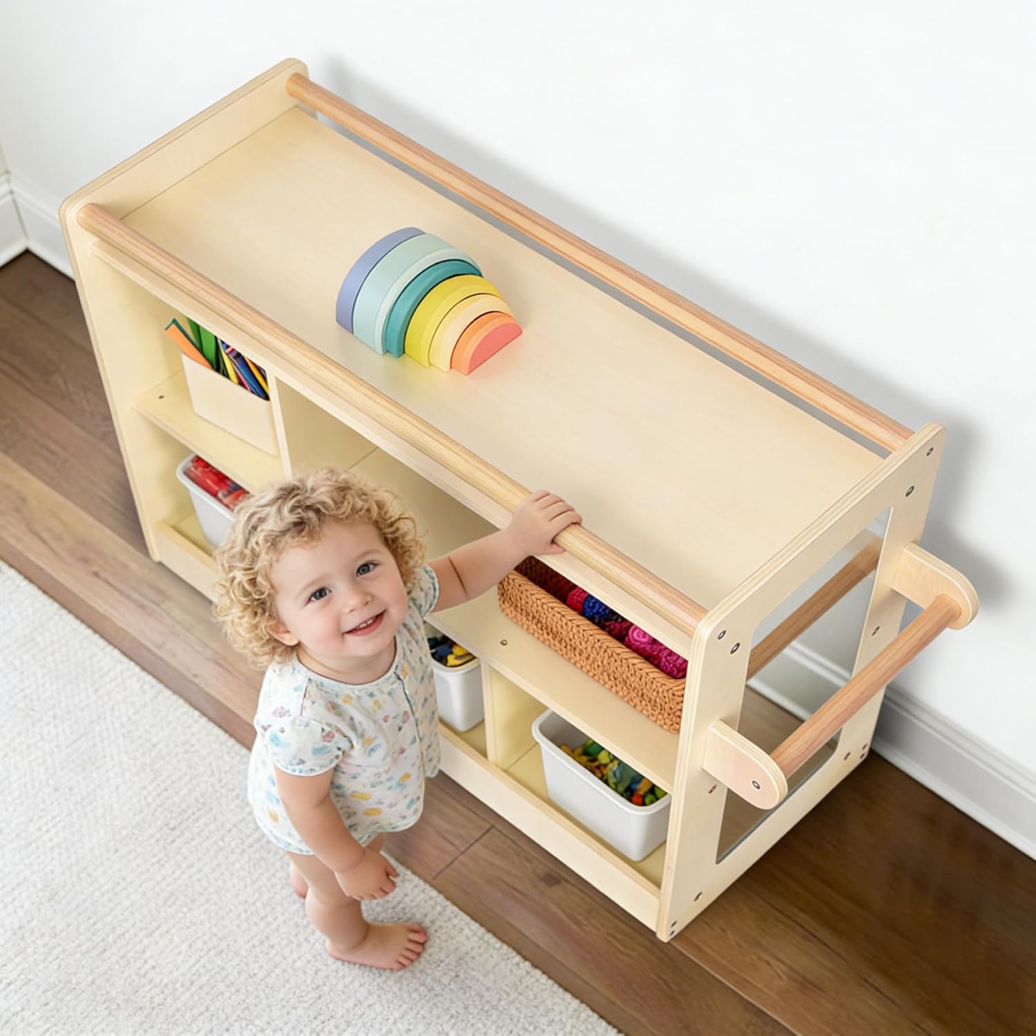 Toddler Montessori Toy Storage Cabinet w/Side Vertical Mirror, 5-Compartment Baby & Preschool Cubbies w/ 2 Top Sided Handrails, Little Kids Play & Learn Furniture for Home, Classroom