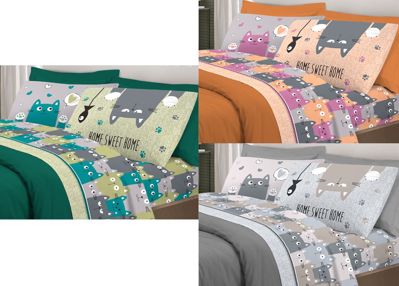 BIANCHERIAWEB Completo Lenzuola Letto Pensieri Delicati 100% Cotone Disegno Happy Cat Matrimoniale Grigio