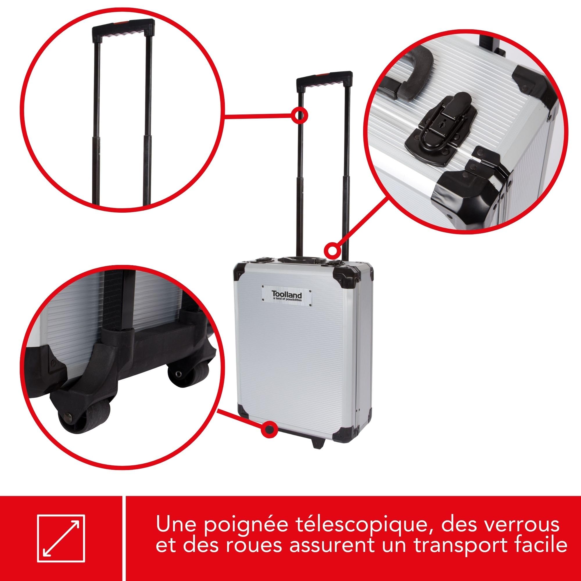 Toolland Chariot à outils rempli, 260 pièces, y compris le contenu, avec 4 plateaux amovibles, sur roues.