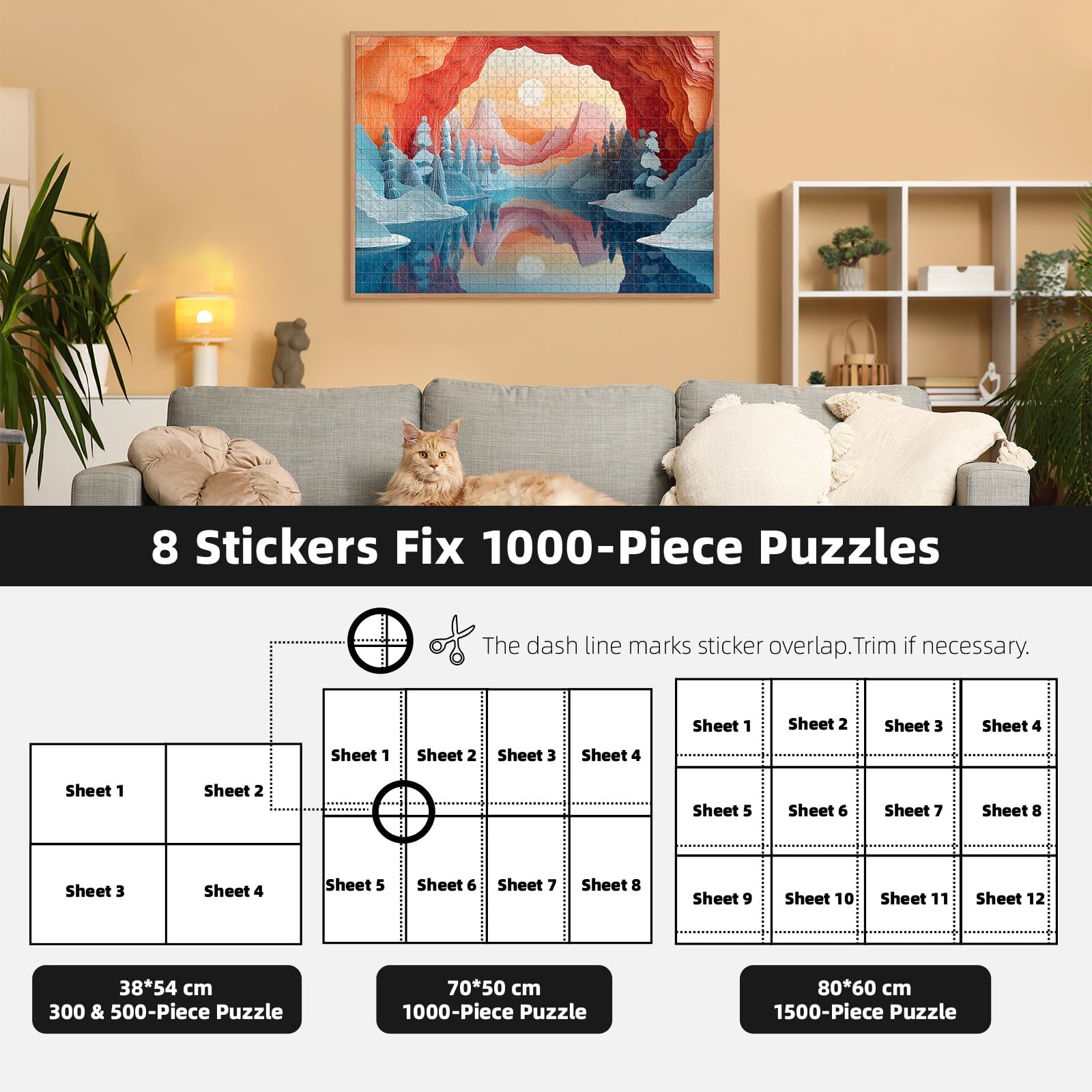 64 Hojas Adhesivas para Puzzles - Pegamento para Enmarcar Puzzles de 8 x 1000 Piezas - Solución Fácil de Pegado y Almacenamiento